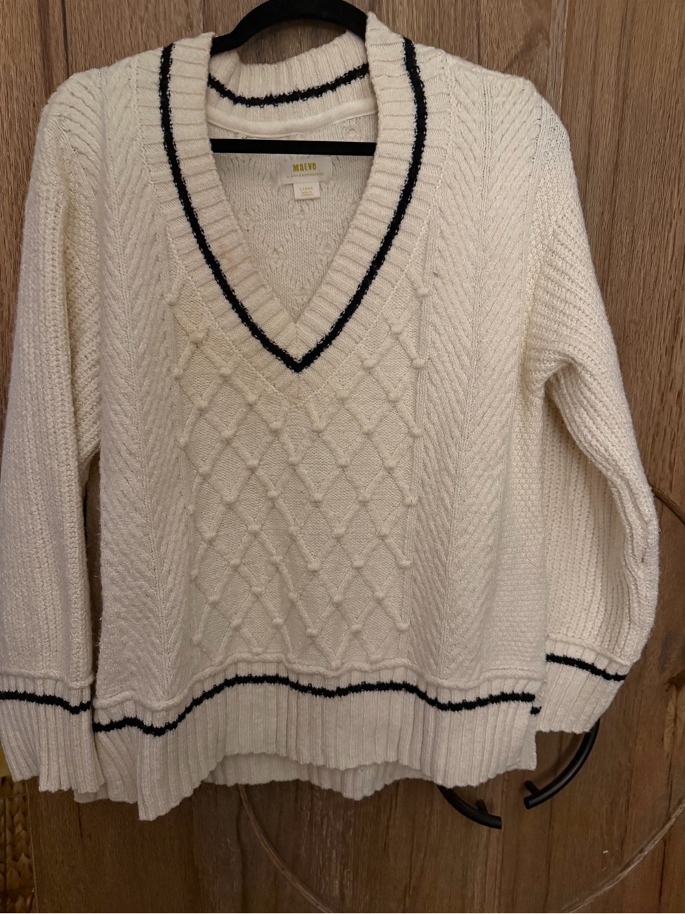 Anthropologie Cream Cable-Knit V-Neck Sweater with Black Trim